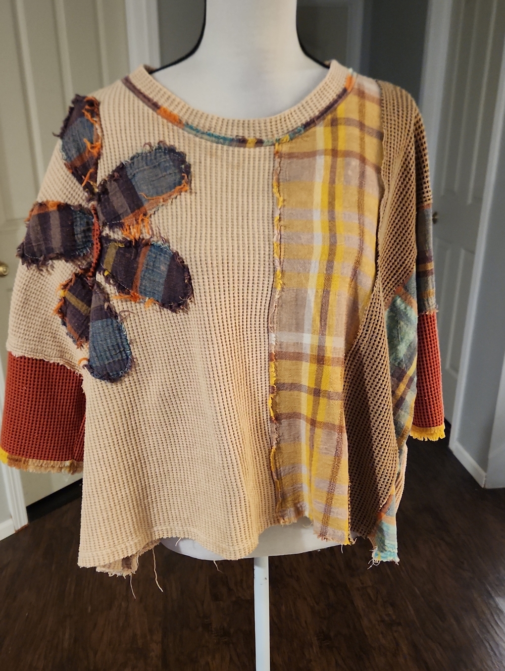 Olie & Hali Waffle Distressed Mixed Print Oversized Shirt - Picture 2 of 6